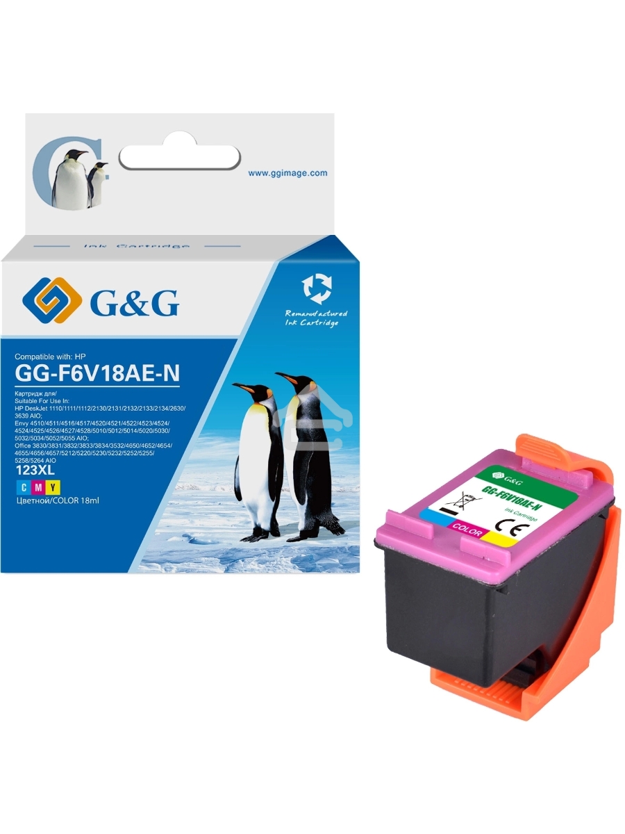 Картридж струйный G&G GG-F6V18AE-N 123XL голубой/пурпурный/желтый (18мл) для HP DJ 1210/1212/1212/2130/2131/2132/2133/2134/2630/3639 AIO;Envy 4510/4512/4516/4517/4520/4521/4522/4523/4524/4524/4525/4526/4527/4528/5010/5012/5014/5020/5030/5032/5034/5052/505