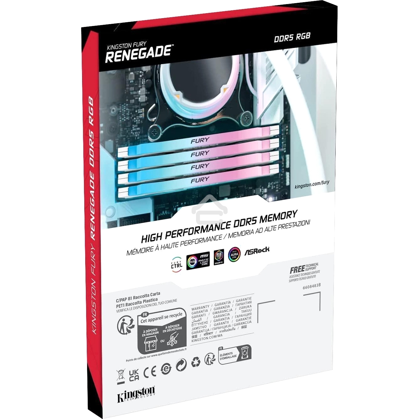 Оперативная память Kingston Fury Renegade, DDR5, 16GB (1x16GB), 7600MHz, CL38, DIMM, радиатор, RGB, белый