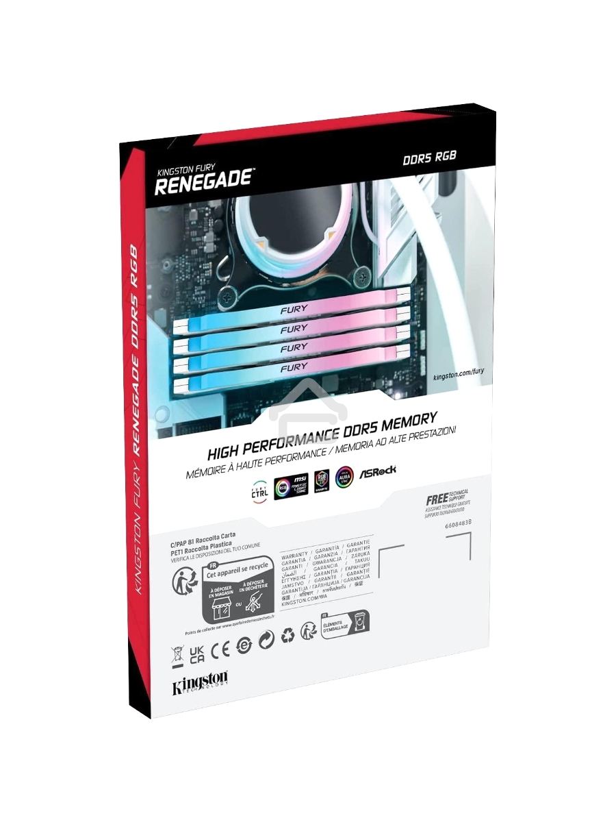 Оперативная память Kingston Fury Renegade, DDR5, 16GB (1x16GB), 7600MHz, CL38, DIMM, радиатор, RGB, белый