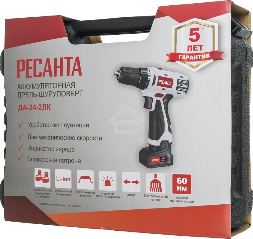 Дрель-шуруповерт аккумуляторная Ресанта ДА-24-2ЛК 75/14/7, Аккумуляторная, 24В, 2 АКБ, Кейс