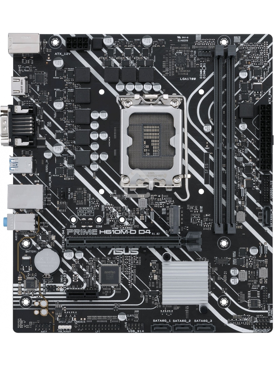 Материнская плата ASUS PRIME H610M-D D4, LGA 1700, Intel H610, 2xDDR4, 4xSATA, 1xM.2, 1xPCIe 4.0 x16, 1xPCI, 1xHDMI, 1xVGA, 1x 1Gb LAN, 2xUSB-A 2.0, 2xUSB-A 3.2 Gen 1, 3x3.5 мм, 7.1, mATX