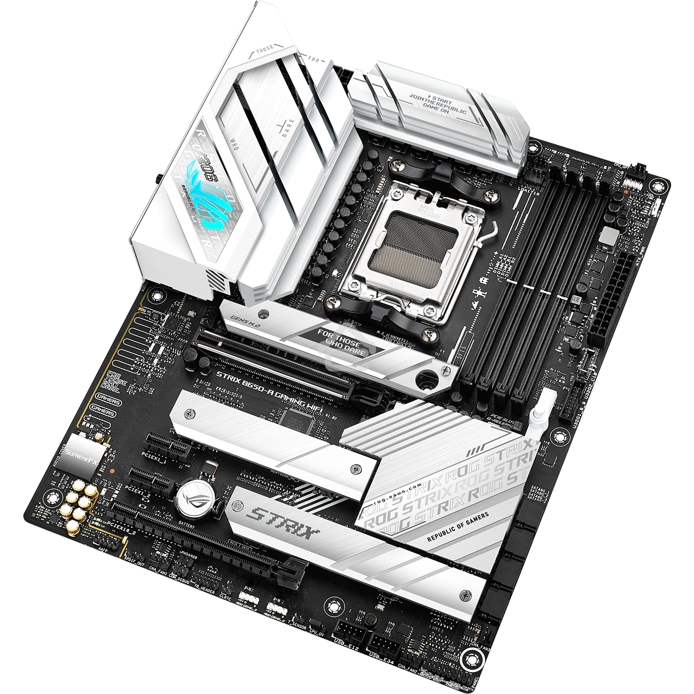 Материнская плата ASUS ROG STRIX B650-A GAMING WIFI, AM5, AMD B650, 4xDDR5, 4xSATA, 3xM.2, 1xPCIe 4.0 x16, 1xPCIe 4.0 x4, 1xHDMI, 1xDP, 1x 2.5Gb LAN, 3xUSB-A 3.2 Gen 2, 4xUSB 2.0, 5x3.5 мм, 7.1, Standard-ATX