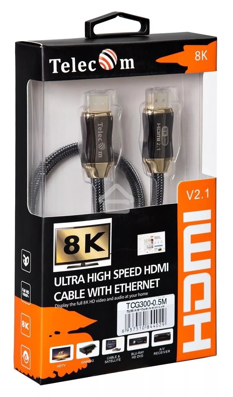 Кабель HDMI 19M/M,ver. 2.1, 8K@60 Hz 0.5m метал разъемы, нейлоновая оплетка Telecom <TCG300-0.5M> Кабель HDMI 19M/M,ver. 2.1, 8K@60 Hz 0.5m метал разъемы, нейлоновая оплетка Telecom