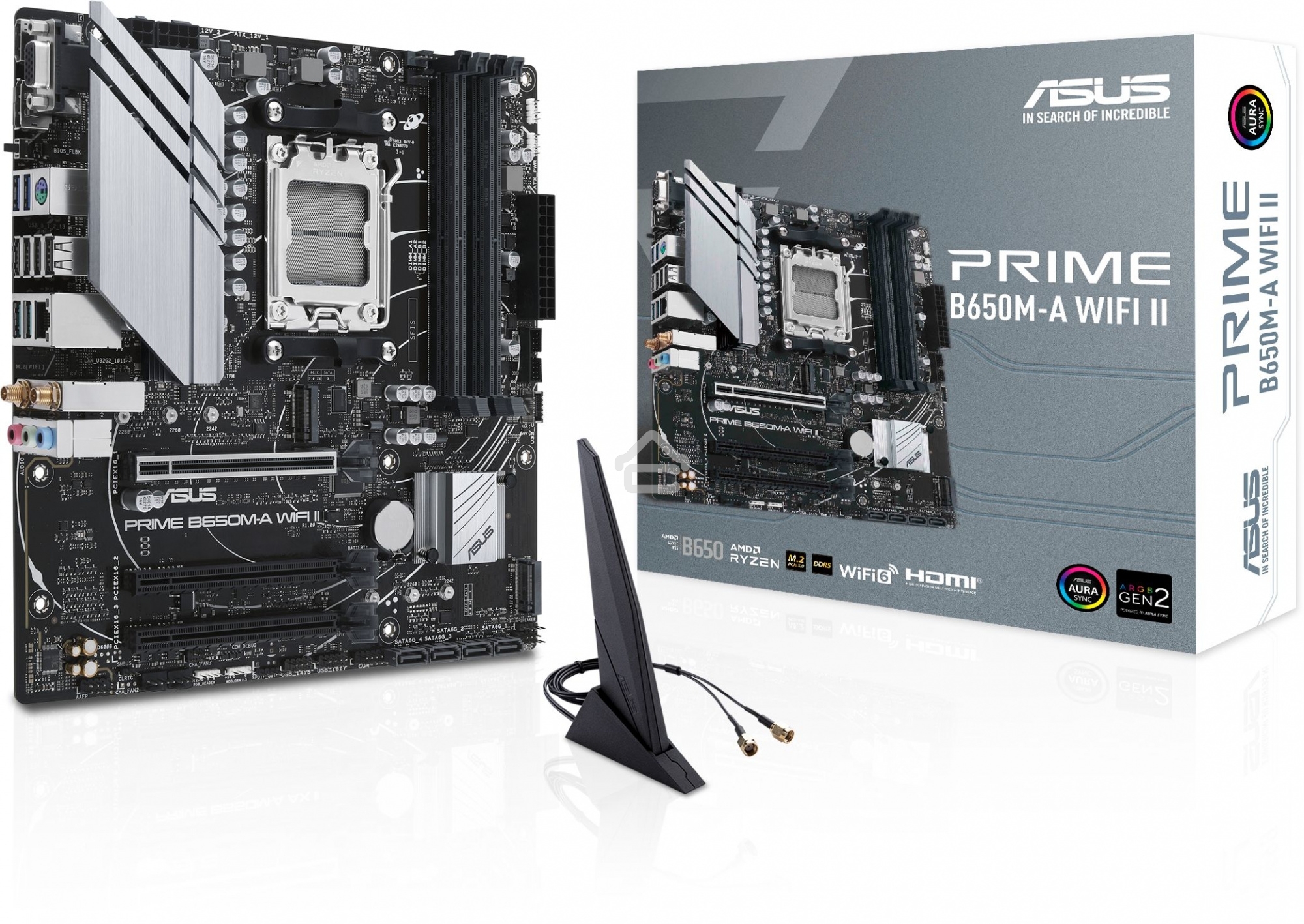Материнская плата ASUS PRIME B650M-A WIFI II, AM5, AMD B650, 4xDDR5, 4xSATA, 2xM.2, 1xPCI-E 4.0 x16, 2xPCI-E 4.0 x1, 1xHDMI, 1xDP, 1xVGA, 1x 2.5Gb LAN, 2xUSB-A 3.2 Gen 2, 2xUSB-A 3.2 Gen 1, 4xUSB-A 2.0, 3x3.5 мм, 7.1, Micro-ATX
