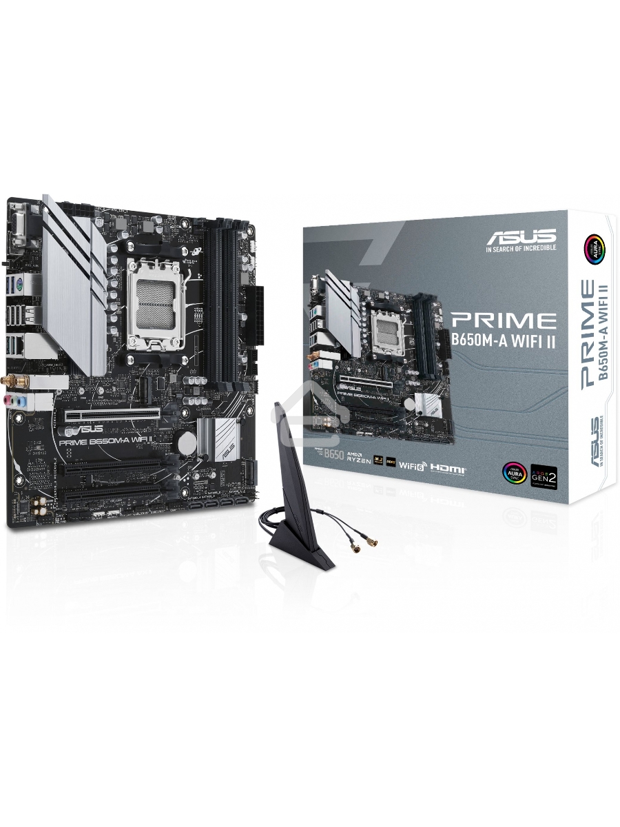 Материнская плата ASUS PRIME B650M-A WIFI II, AM5, AMD B650, 4xDDR5, 4xSATA, 2xM.2, 1xPCI-E 4.0 x16, 2xPCI-E 4.0 x1, 1xHDMI, 1xDP, 1xVGA, 1x 2.5Gb LAN, 2xUSB-A 3.2 Gen 2, 2xUSB-A 3.2 Gen 1, 4xUSB-A 2.0, 3x3.5 мм, 7.1, Micro-ATX