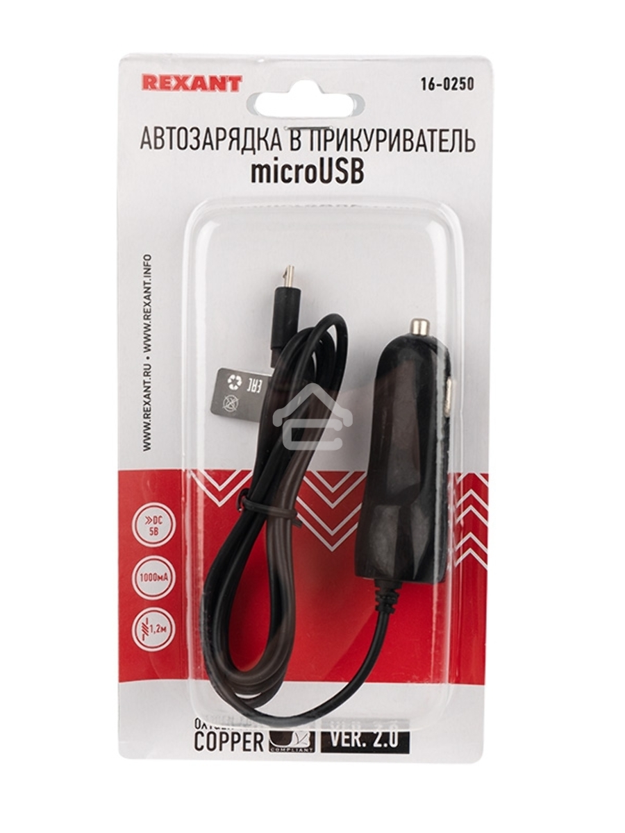 Автозарядка в прикуриватель microUSB (АЗУ) (5 V, 1000 mA) шнур спираль 1.2 м черный Rexant