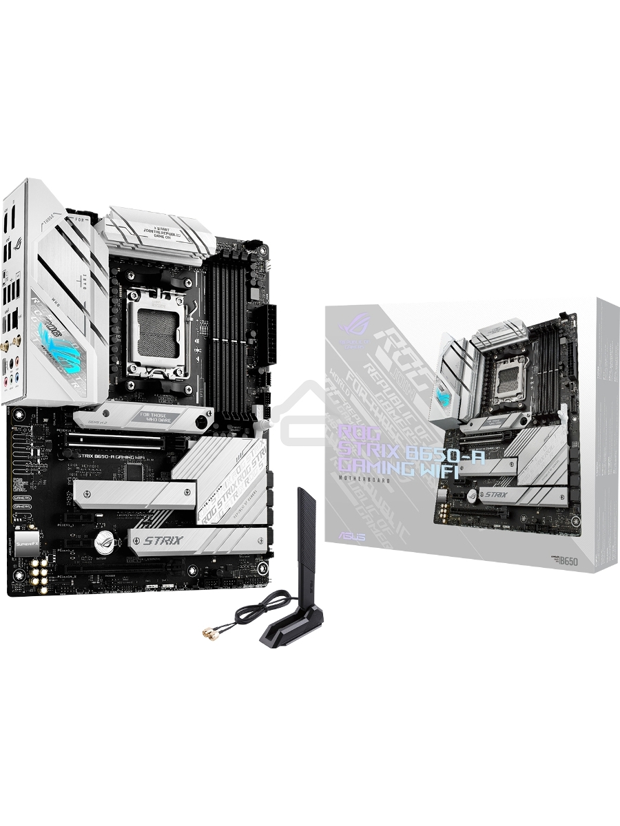 Материнская плата ASUS ROG STRIX B650-A GAMING WIFI, AM5, AMD B650, 4xDDR5, 4xSATA, 3xM.2, 1xPCIe 4.0 x16, 1xPCIe 4.0 x4, 1xHDMI, 1xDP, 1x 2.5Gb LAN, 3xUSB-A 3.2 Gen 2, 4xUSB 2.0, 5x3.5 мм, 7.1, Standard-ATX