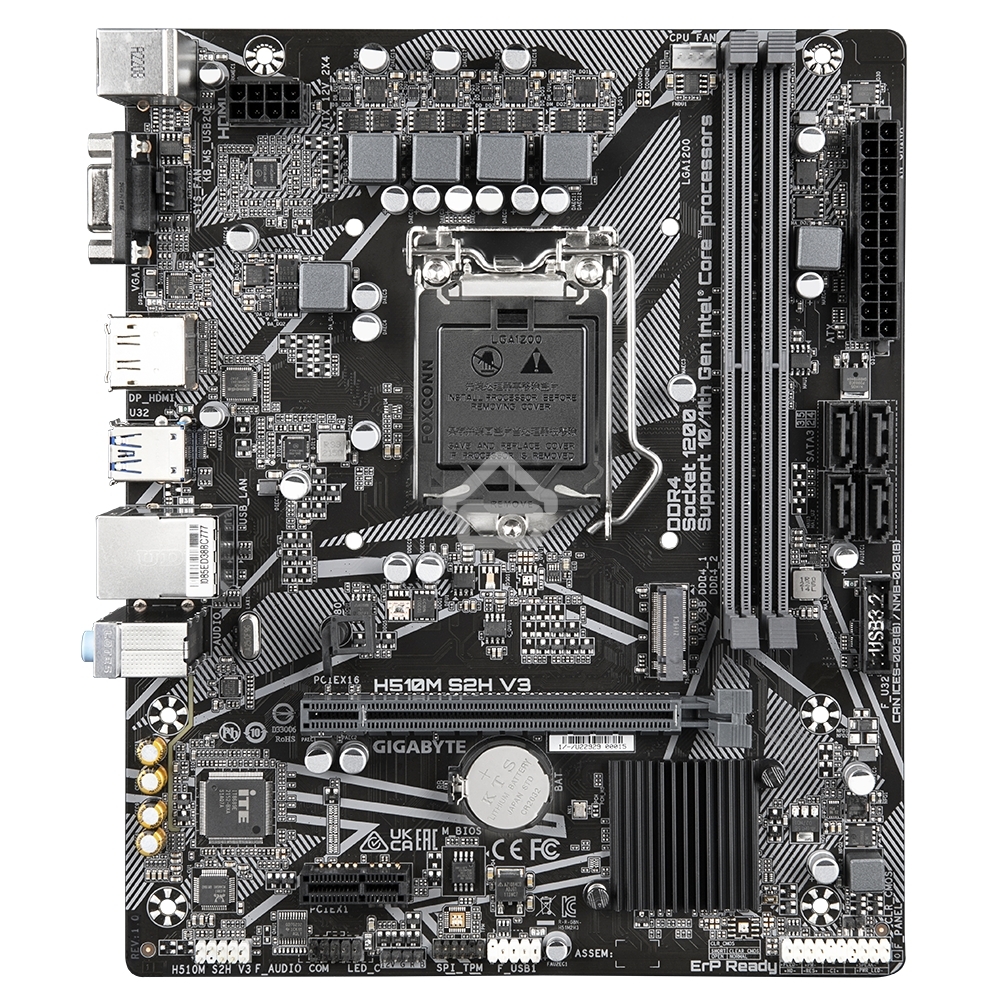Материнская плата Gigabyte H510M S2H V3 (V2.0), LGA 1200, Intel H470, 2xDDR4, 4xSATA, 1xM.2, 1xPCIe 3.0 x16, 1xDP, 1xHDMI, 1xVGA, 1x 1Gb LAN, 2xUSB-A 3.2 Gen 1, 4xUSB-A 2.0, 3x 3.5 мм, 7.1, mATX