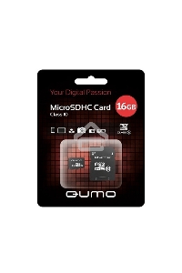 Флеш карта QUMO MicroSDHC 16GB Сlass 10 с адаптером SD, черно-красная картонная упаковка
