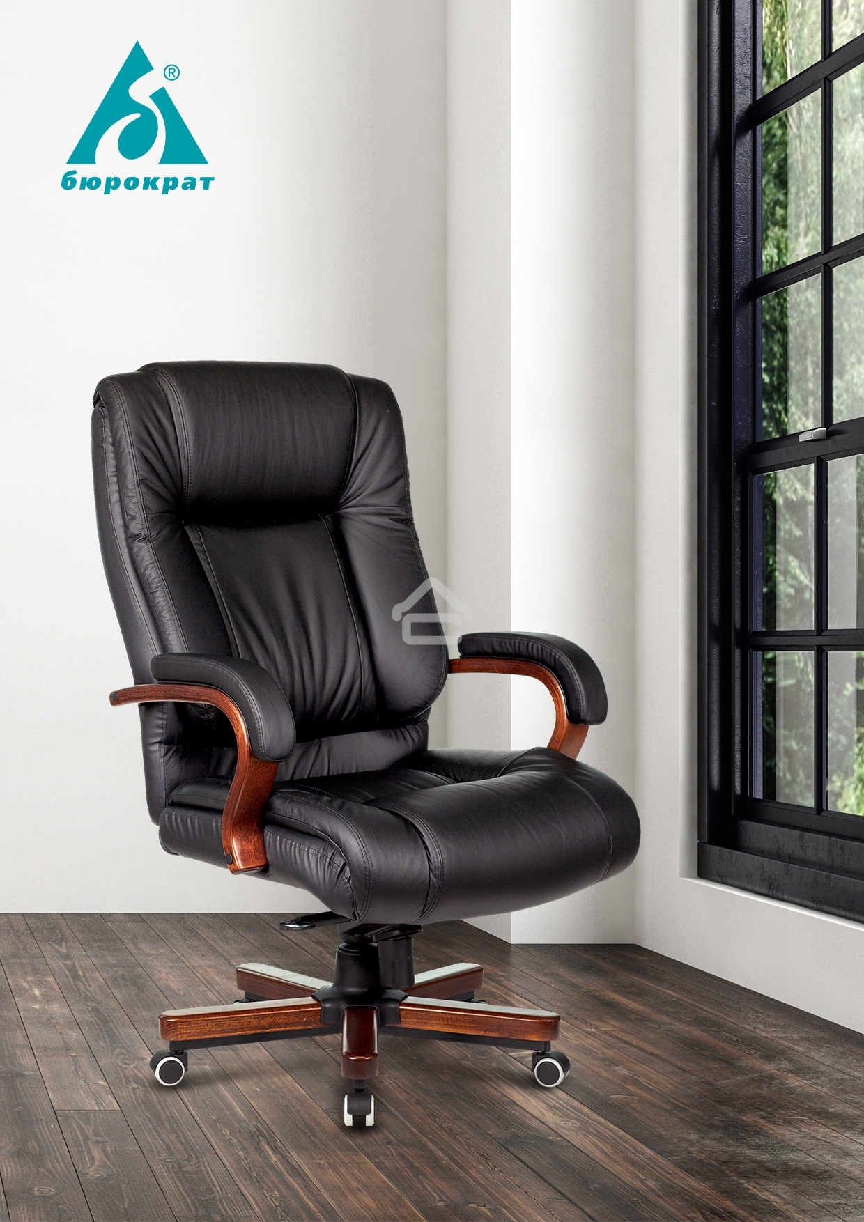 Кресло руководителя Бюрократ T-9925WALNUT/BLACK черный, кожа, крестовина дерево
