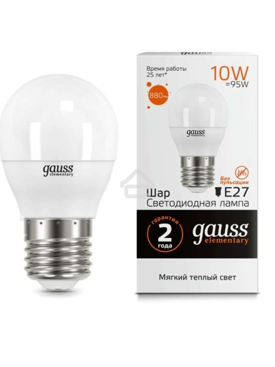 Светодиодная лампа GAUSS 53210 LED Elementary Шар 10W E27 880lm 3000K 1/10/100 0