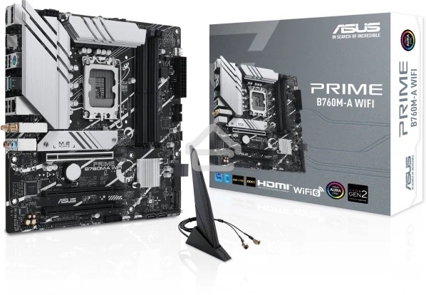 Материнская плата ASUS PRIME B760M-A WIFI, LGA 1700, Intel B760, 4xDDR5, 4xSATA, 2xM.2, 1xPCIe 4.0 x16, 1xPCIe 4.0 x4, 1xPCIe 4.0 x1, 2xHDMI, 1xDP, 1x 2.5Gb LAN, 2xUSB-A 3.2 Gen 2, 4xUSB-A 2.0, 3x3.5 мм, 7.1, mATX