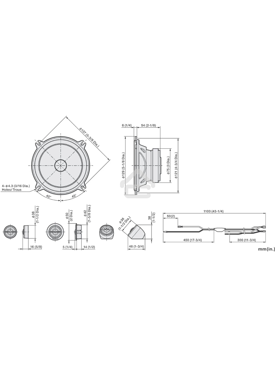 Колонки автомобильные Pioneer TS-A1301C (без решетки) 300Вт 89дБ 4Ом 13см (5дюйм) (ком.:4кол.) компонентные двухполосные