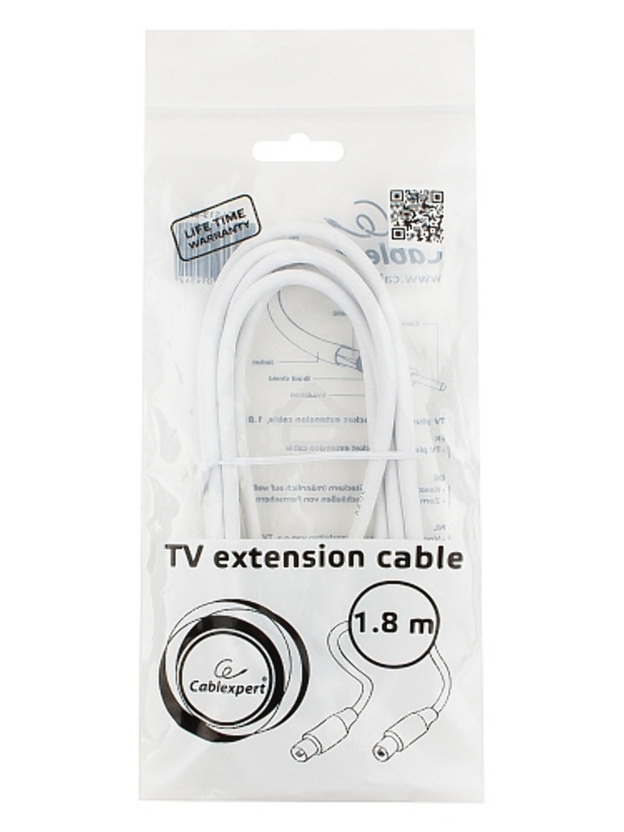 Кабель телевизионный Cablexpert CCV-515-W, Coaxial M/F, белый, 1.8м