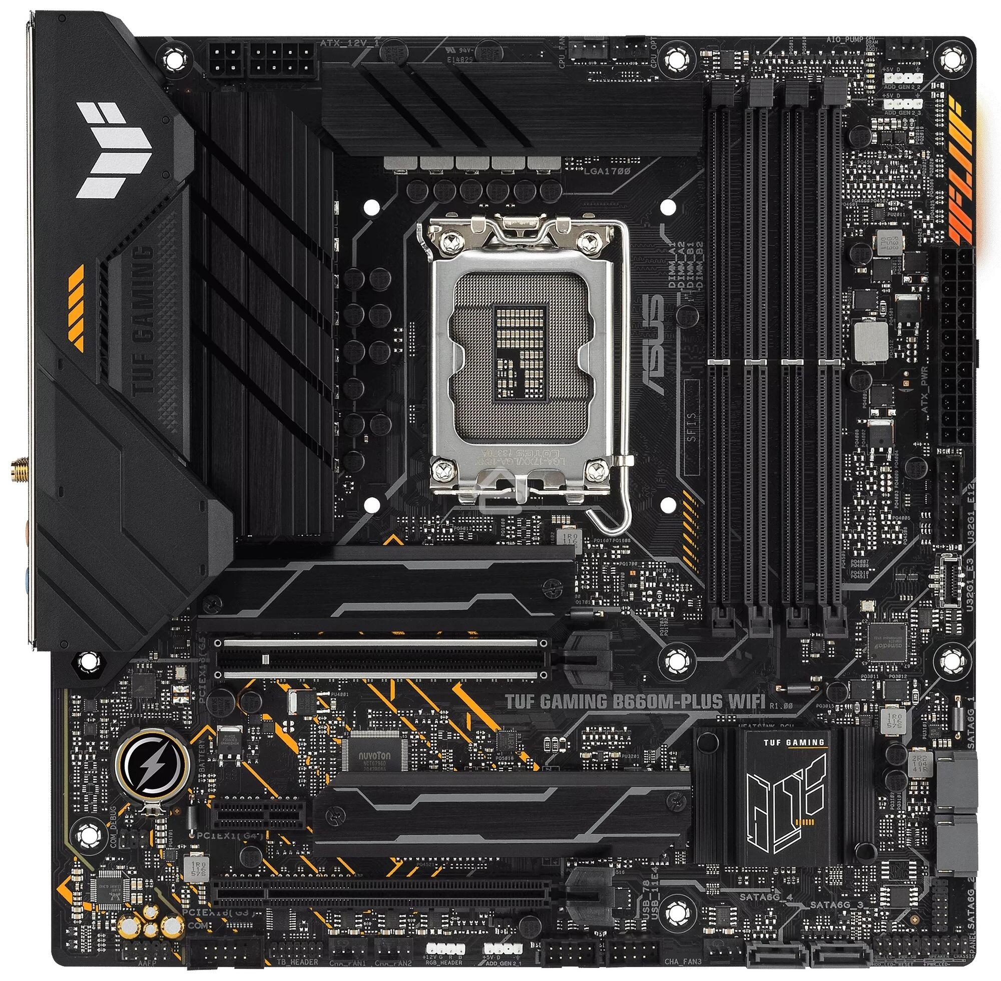 Материнская плата ASUS TUF GAMING B660M-PLUS WIFI, LGA 1700, Intel B660, 4xDDR5, 4xSATA, 2xM.2, 1xPCIe 5.0 x16, 1xPCIe 3.0 x4, 1xPCIe x1, 1xDP, 1xHDMI, 1x 2.5Gb LAN, 4xUSB-A 3.2 Gen 2, 1xUSB-A 3.2 Gen 1, 2xUSB 2.0, 1xUSB-C 3.2 Gen 2x2, 5x3.5 мм, 7.1, mATX