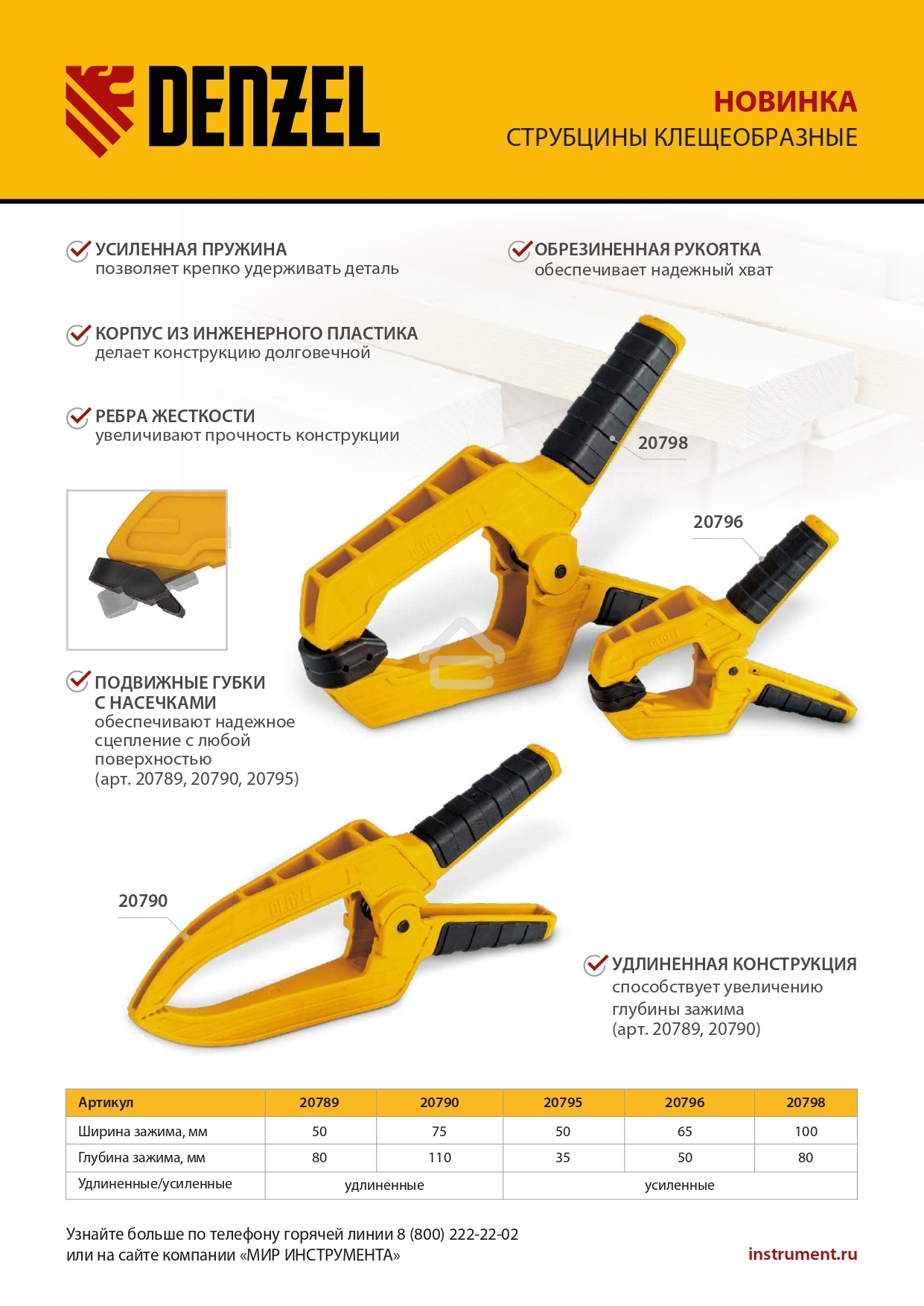 Струбцина клещеобразная Denzel усиленная 50 х 35 мм, двухкомпонентные рукоятки