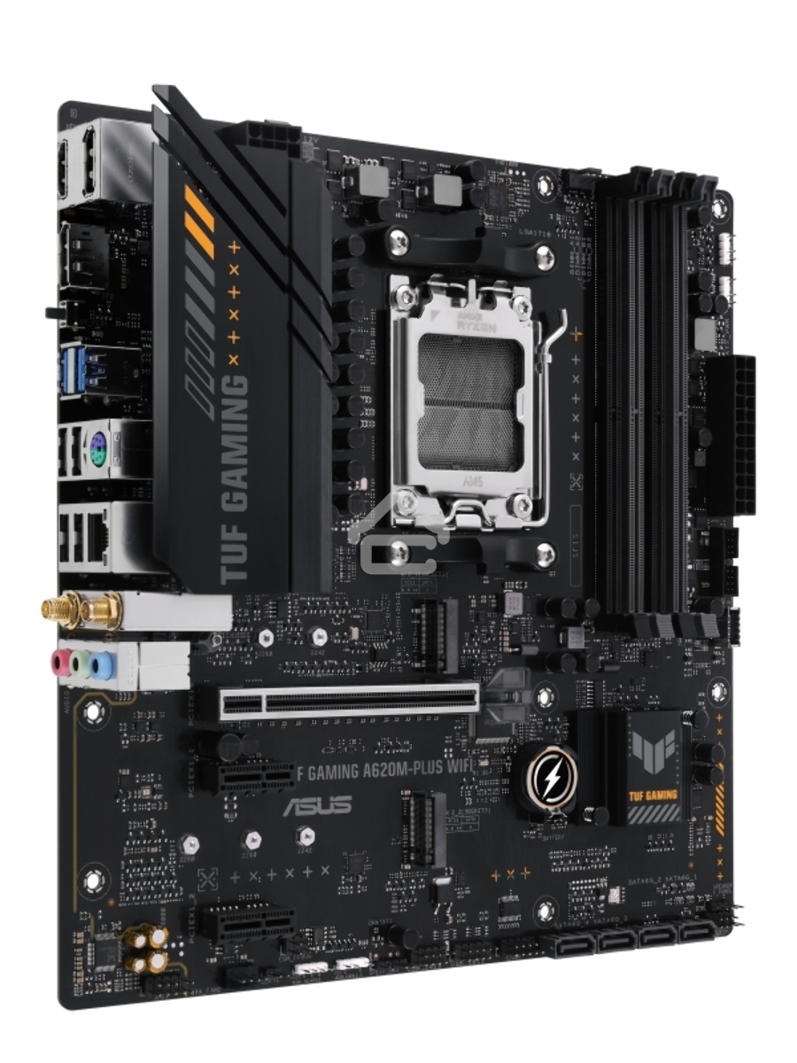 Материнская плата ASUS TUF GAMING A620M-PLUS WIFI, AM5, AMD A620, 4xDDR5, 4xSATA, 2xM.2, 1xPCIe 4.0 x16, 2xPCIe x1, 2xDP, 1xHDMI, 1x 2.5Gb LAN, 4xUSB-A 2.0, 2xUSB-A 3.2 Gen 1, 3x3.5 мм, 7.1, mATX