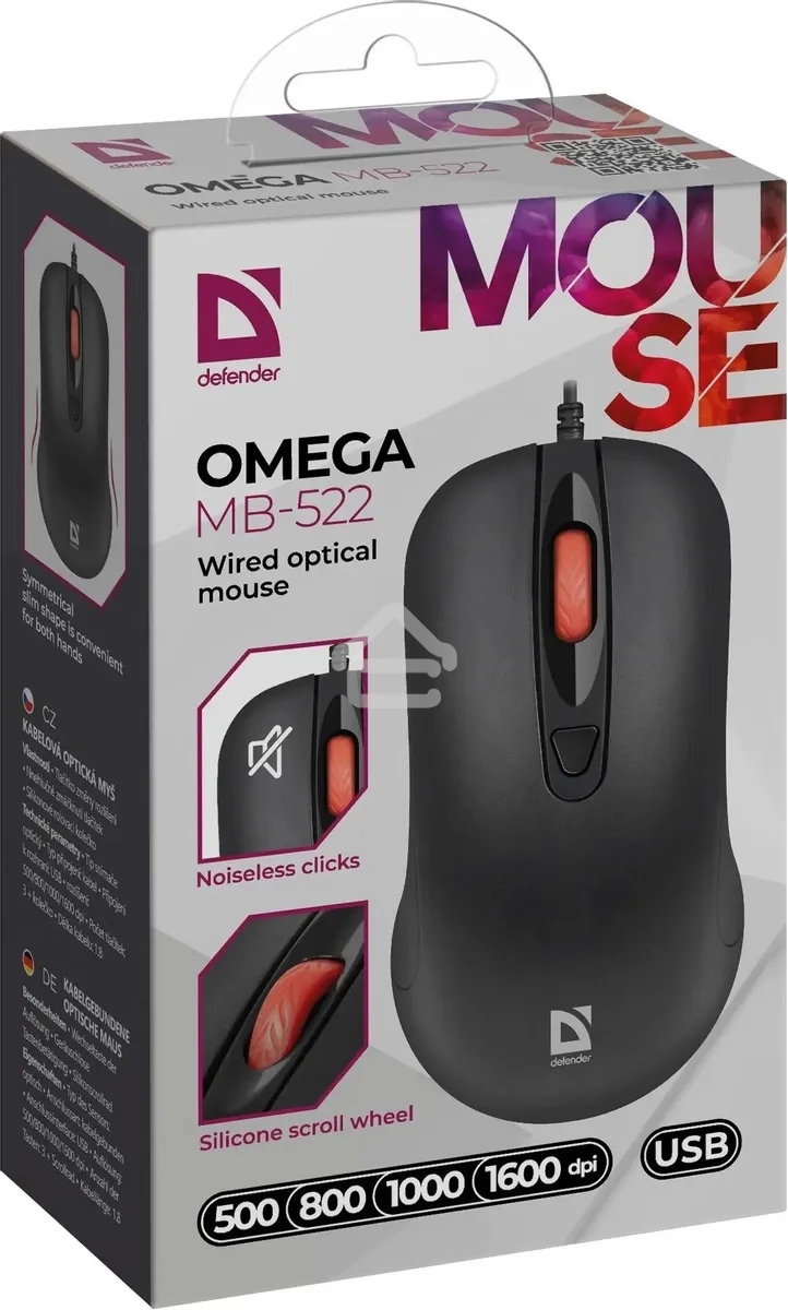 Мышь проводная Defender Omega MB-522 черный, 1600 dpi, USB, кнопки - 4