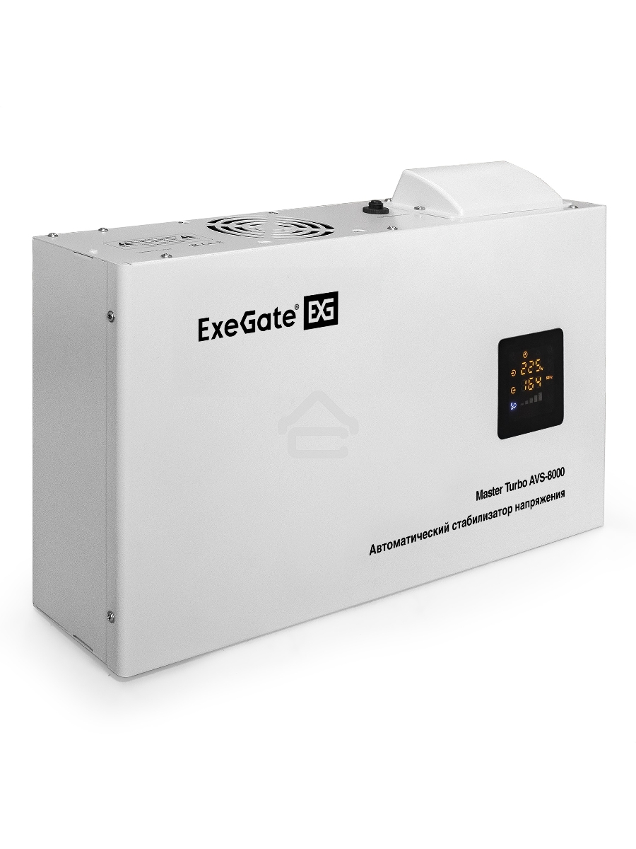 Стабилизатор напряжения ExeGate Master Turbo AVS-8000 (8000ВА, 100-265В, цветной дисплей, 220В±8%, КПД 98%, 5 уровней защиты, задержка, усиленный метал.корпус, клем.колодка+евророзетка, RTL)