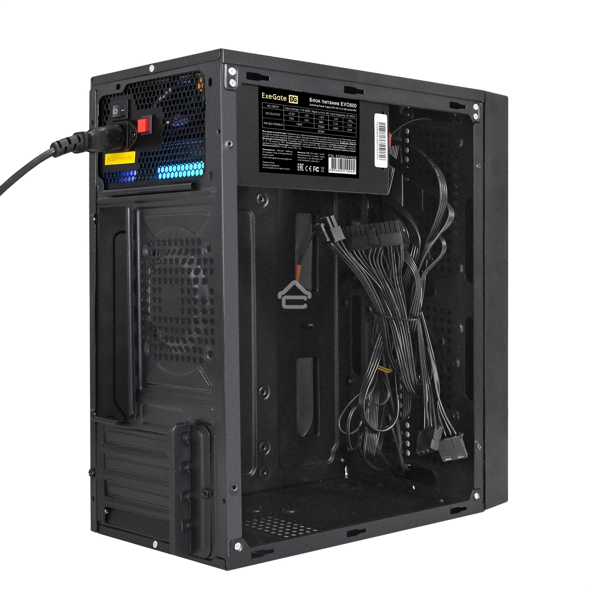 Компьютерный корпус Minitower ExeGate mEVO-9301-EVO800 (mATX, БП EVO800RGb с вент. 12см, с окном, 2хUSB+1хUSB 3.0, HD аудио, черный, с RGb подсветкой)