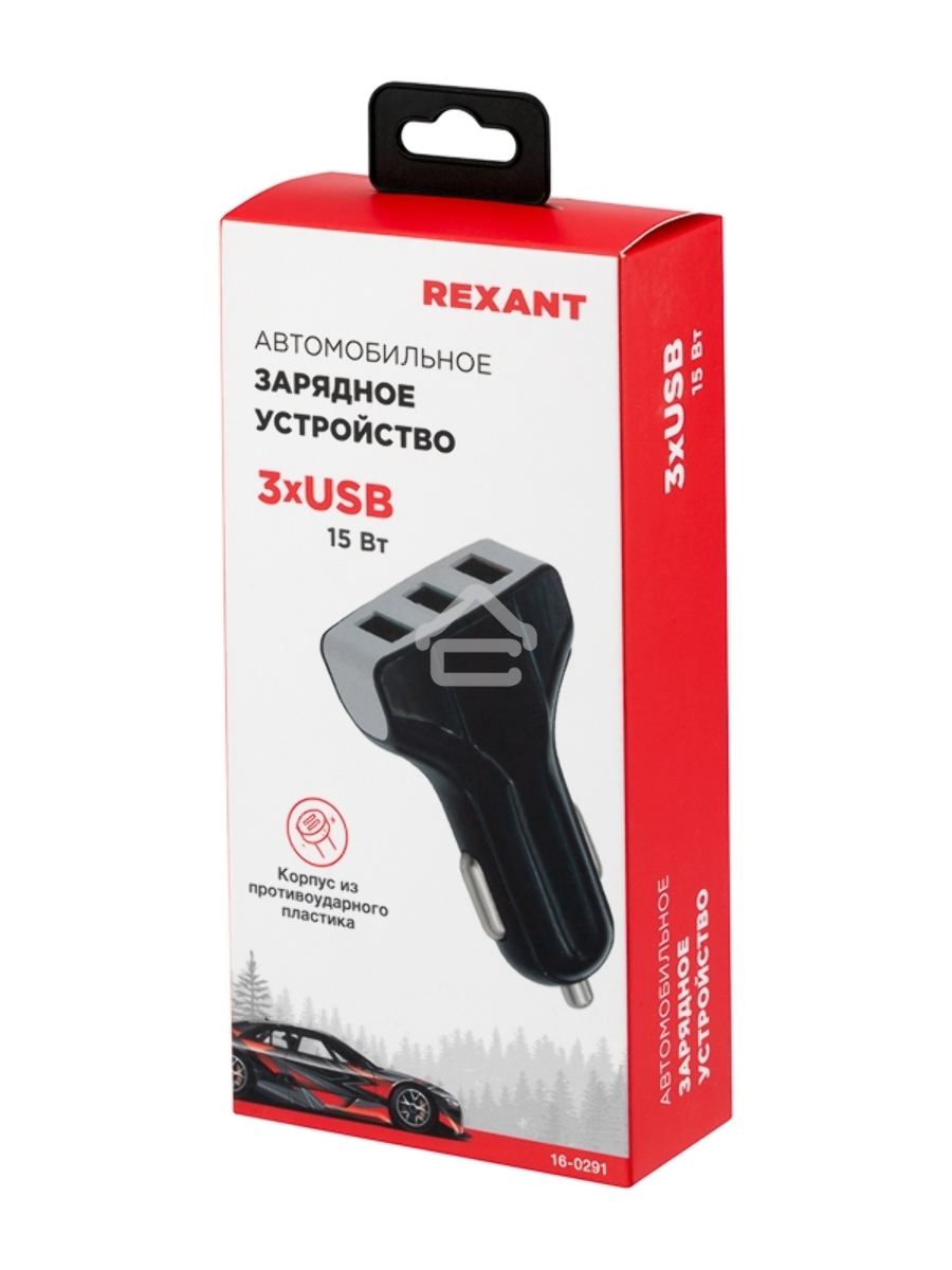 Зарядное устройство в прикуриватель Rexant 3 x USB, 1000mA, черный