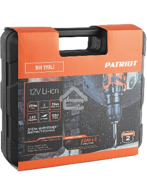 Дрель-шуруповерт Patriot BR 119Li, Аккумуляторная, 12В, 2 АКБ
