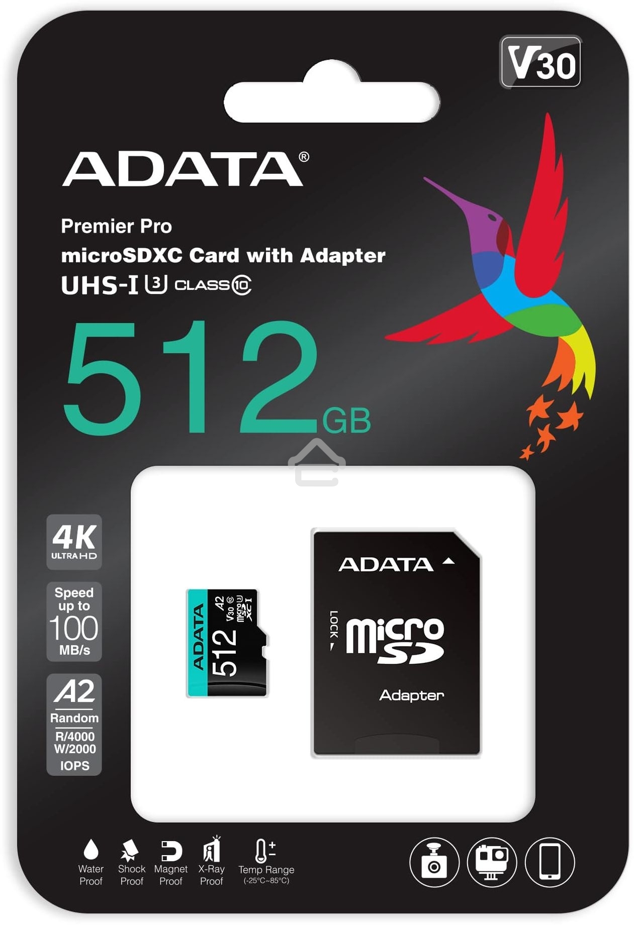 Карта памяти MICRO SDXC 512GB W/AD. AUSDX512GUI3V30SA2-RA1 ADATA