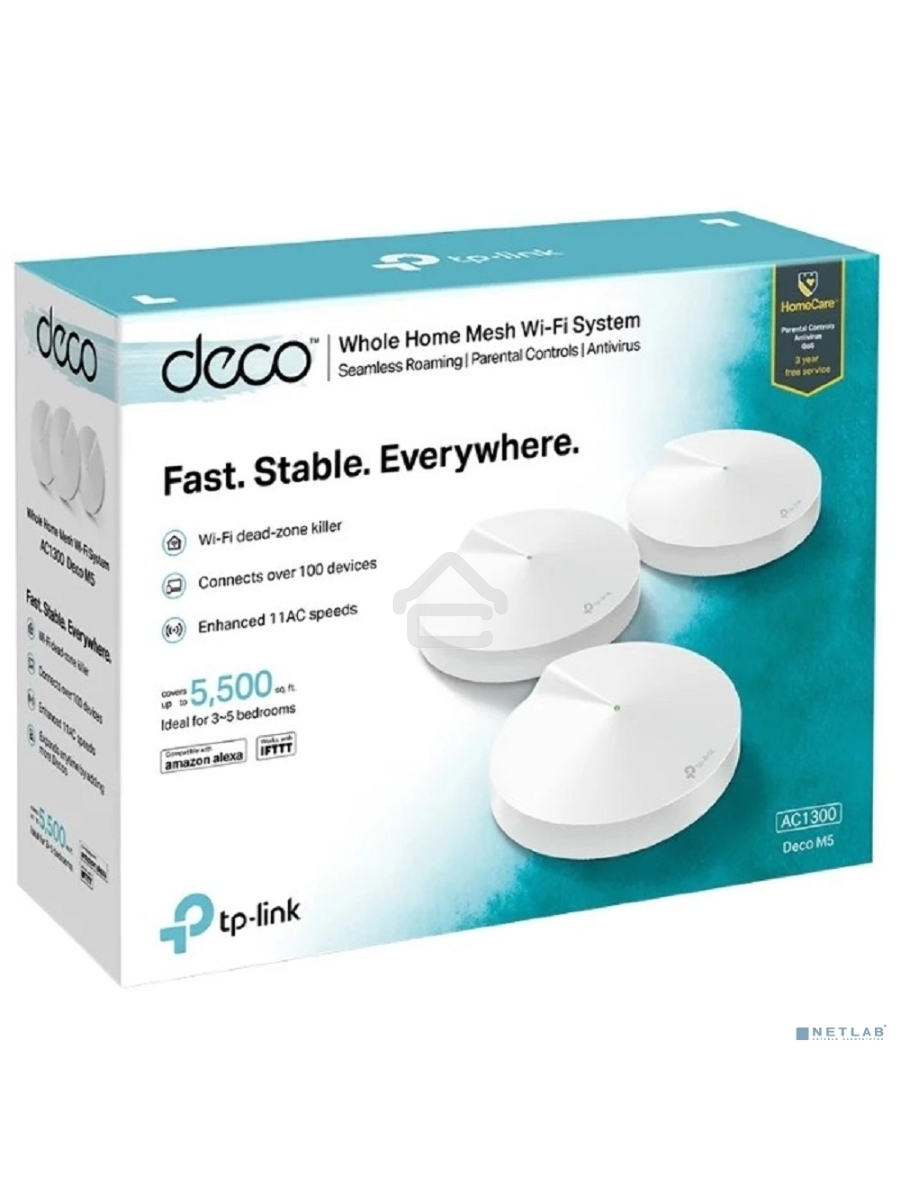 Маршрутизатор TP-Link TP-Link DECO M5(3-PACK) AC1300 Домашняя Wi-Fi система, чипсет Qualcomm, два диапазона (Dual-Band), поддержка стандартов 802.11ac/a/b/g/n, 717 МГц четырёхъядерный процессор, Bluetooth 4.2, 2 гигабитных порта Ethernet, 1 порт USB Type-