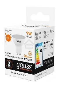 Лампа светодиодная Gauss Spotlight Elementary 9Вт цок.:GU10 спот 220B 3000K св.свеч.бел.теп. А67 (упак.:10шт) (13619)