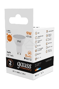 Лампа светодиодная Gauss Spotlight Elementary 9Вт цок.:GU10 спот 220B 3000K св.свеч.бел.теп. А67 (упак.:10шт) (13619)