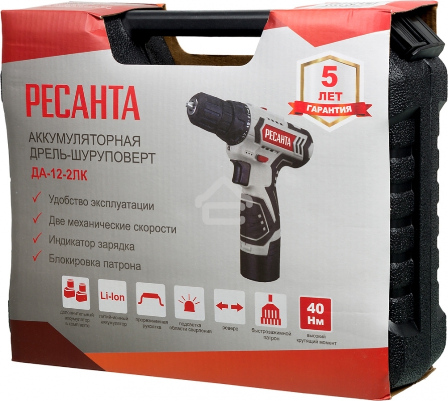 Дрель-шуруповерт аккумуляторная Ресанта ДА-12-2ЛК 75/14/2, Аккумуляторная, 12В, 2 АКБ, Кейс