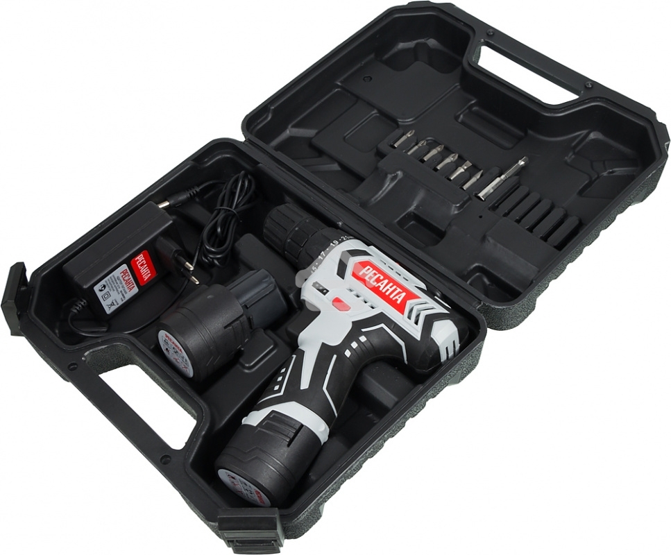 Дрель-шуруповерт аккумуляторная Ресанта ДА-12-2ЛК 75/14/2, Аккумуляторная, 12В, 2 АКБ, Кейс
