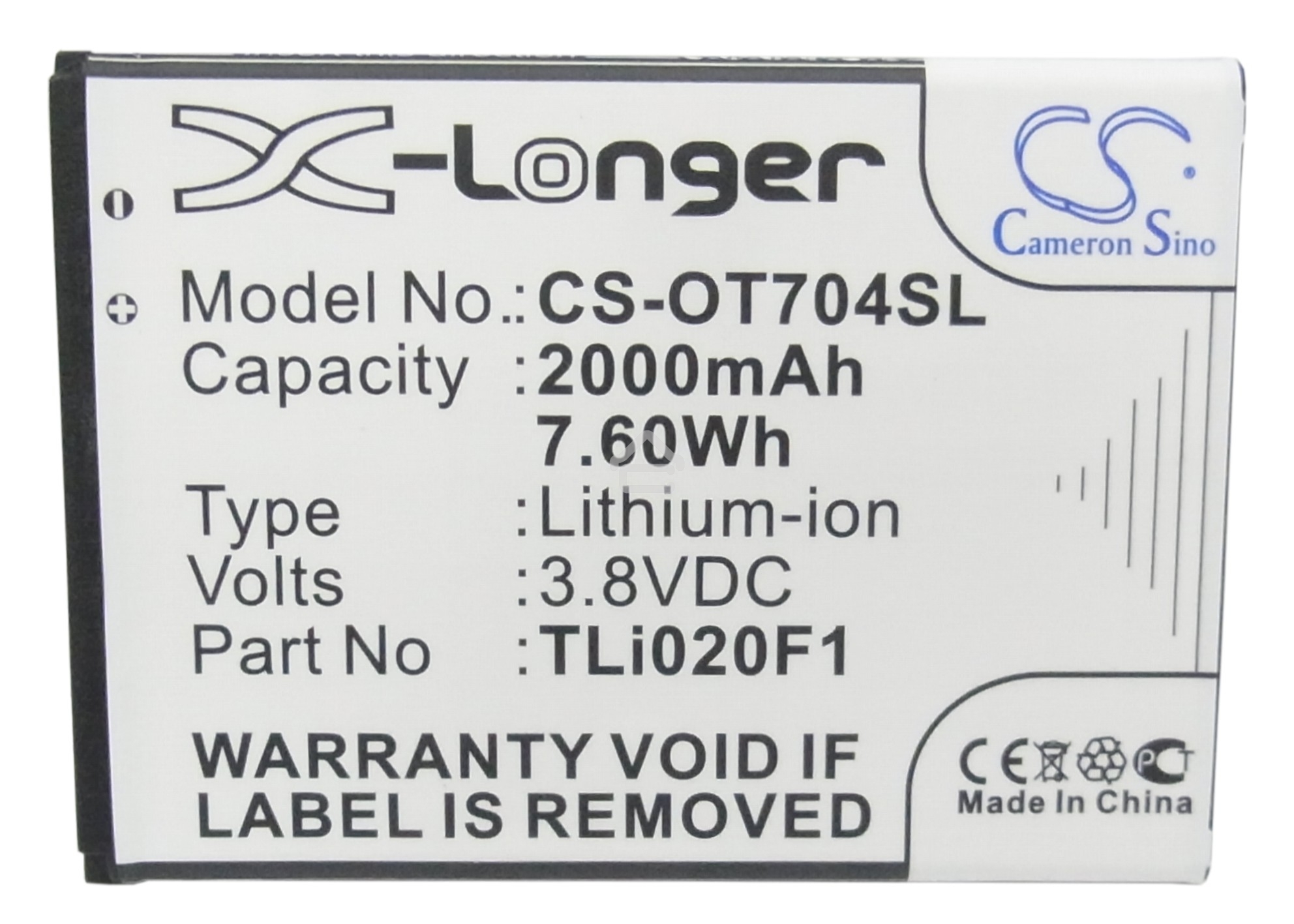 Аккумулятор CameronSinoCS-OT704SL TLi020F1 для Alcatel One Touch 7040, 7041, 6036, 5042 3.8V / 2000mAh / 7.60Wh
