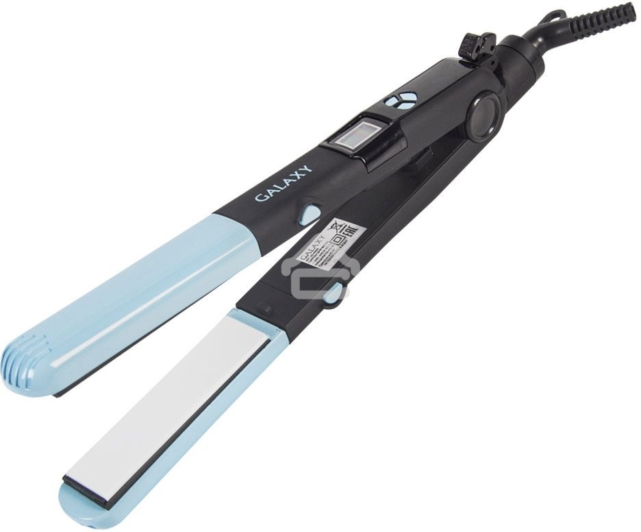 Щипцы для волос Galaxy GL 4505, голубой, 65 Вт, нагревательный элемент с защитой от перегрева, сменные пластины с керамическим покрытием: 89x27,5 мм и 89x57 мм, ЖК-дисплей с индикацией температуры, регулятор температурных режимов, шнур питания, вращающийс