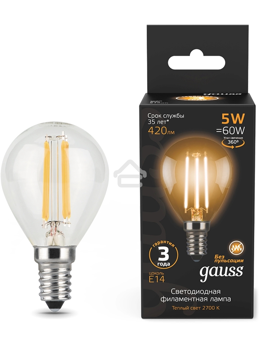 Лампа филам. Gauss Filament 5Вт цок.:E14 свеча 220B св.свеч.бел.теп. (упак.:10шт) (105801105)