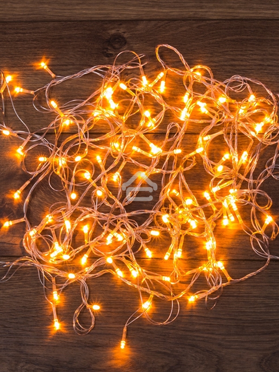 Гирлянда светодиодная универсальная 100 LED ТЕПЛЫЙ БЕЛЫЙ 10 метров, прозрачный ПВХ, с контроллером