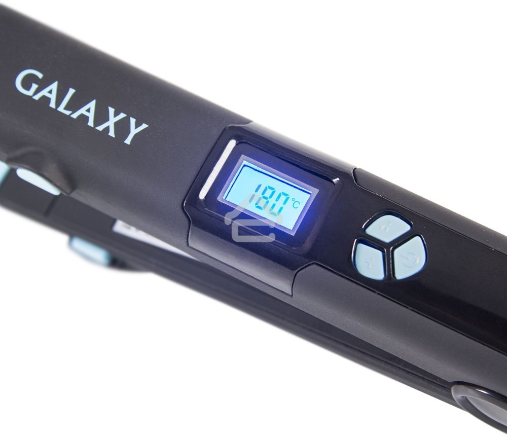 Щипцы для волос Galaxy GL 4505, голубой, 65 Вт, нагревательный элемент с защитой от перегрева, сменные пластины с керамическим покрытием: 89x27,5 мм и 89x57 мм, ЖК-дисплей с индикацией температуры, регулятор температурных режимов, шнур питания, вращающийс