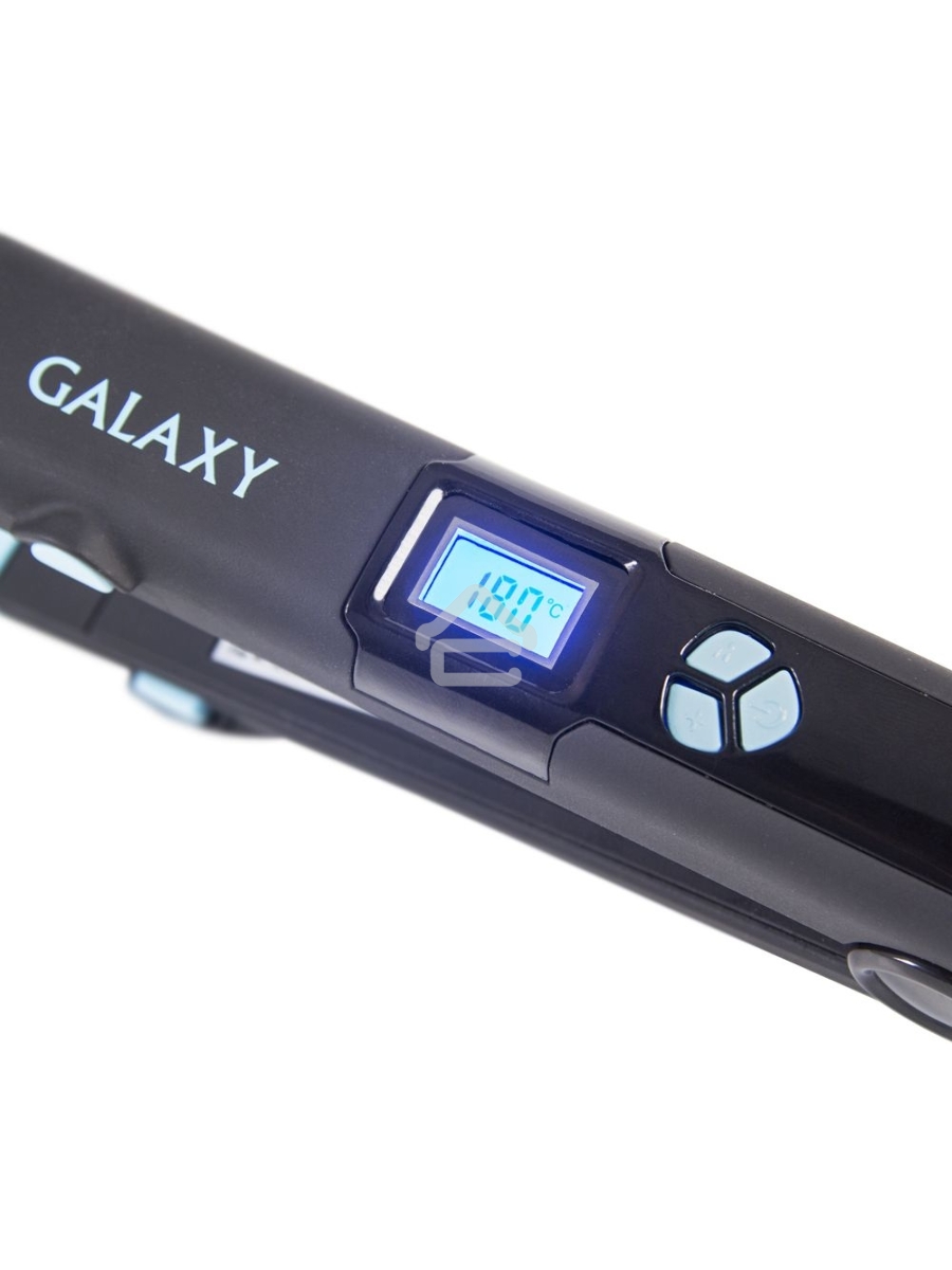 Щипцы для волос Galaxy GL 4505, голубой, 65 Вт, нагревательный элемент с защитой от перегрева, сменные пластины с керамическим покрытием: 89*27,5 мм и 89*57 мм, ЖК-дисплей с индикацией температуры, регулятор температурных режимов, шнур питания, вращающийс