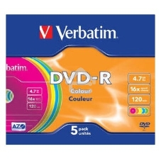 Диск DVD-R Verbatim 4.7Gb 16x Slim Color (5шт) 43557