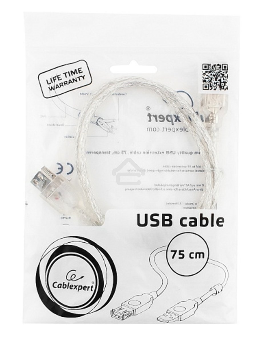 Кабель удлинитель USB2.0 Pro Cablexpert CCF-USB2-AMAF-TR-0.75M, AM/AF, 0,75м, экран, 2феррит.кольца, прозрачный, пакет