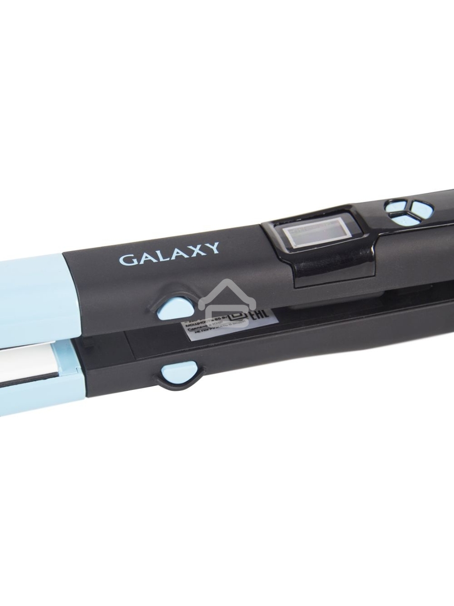 Щипцы для волос Galaxy GL 4505, голубой, 65 Вт, нагревательный элемент с защитой от перегрева, сменные пластины с керамическим покрытием: 89*27,5 мм и 89*57 мм, ЖК-дисплей с индикацией температуры, регулятор температурных режимов, шнур питания, вращающийс