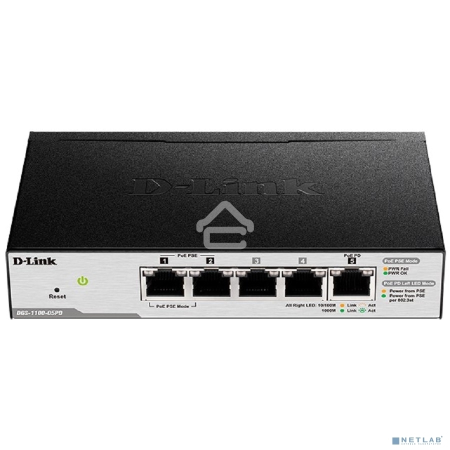 Коммутатор D-Link DGS-1100-05PDV2/A1A, L2 Smart Switch with 4 10/100/1000Base-T ports and 1 10/100/1000Base-T PD port(2 PoE ports 802.3af (15,4 W), PoE Budget 18W from 802.3at / 8W from 802.3af).2K Mac address,