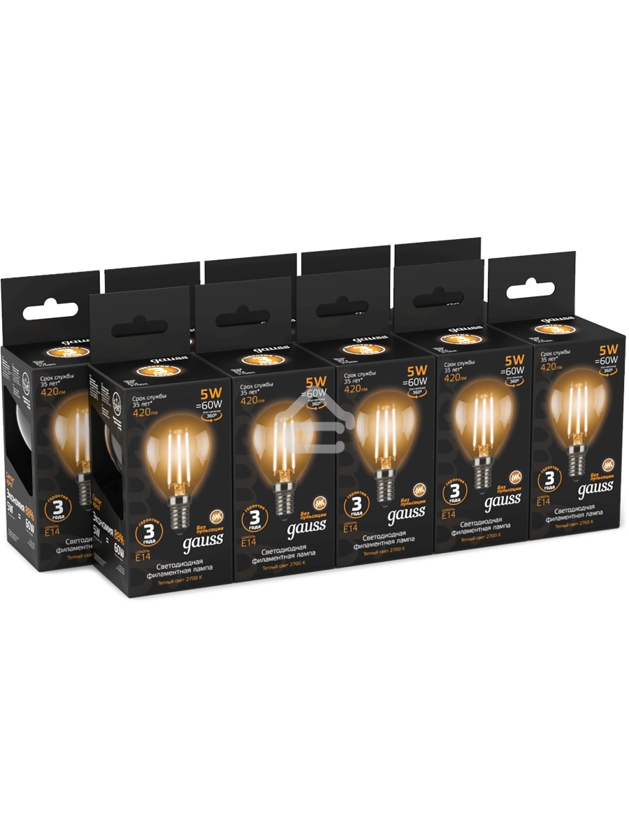 Лампа филам. Gauss Filament 5Вт цок.:E14 свеча 220B св.свеч.бел.теп. (упак.:10шт) (105801105)