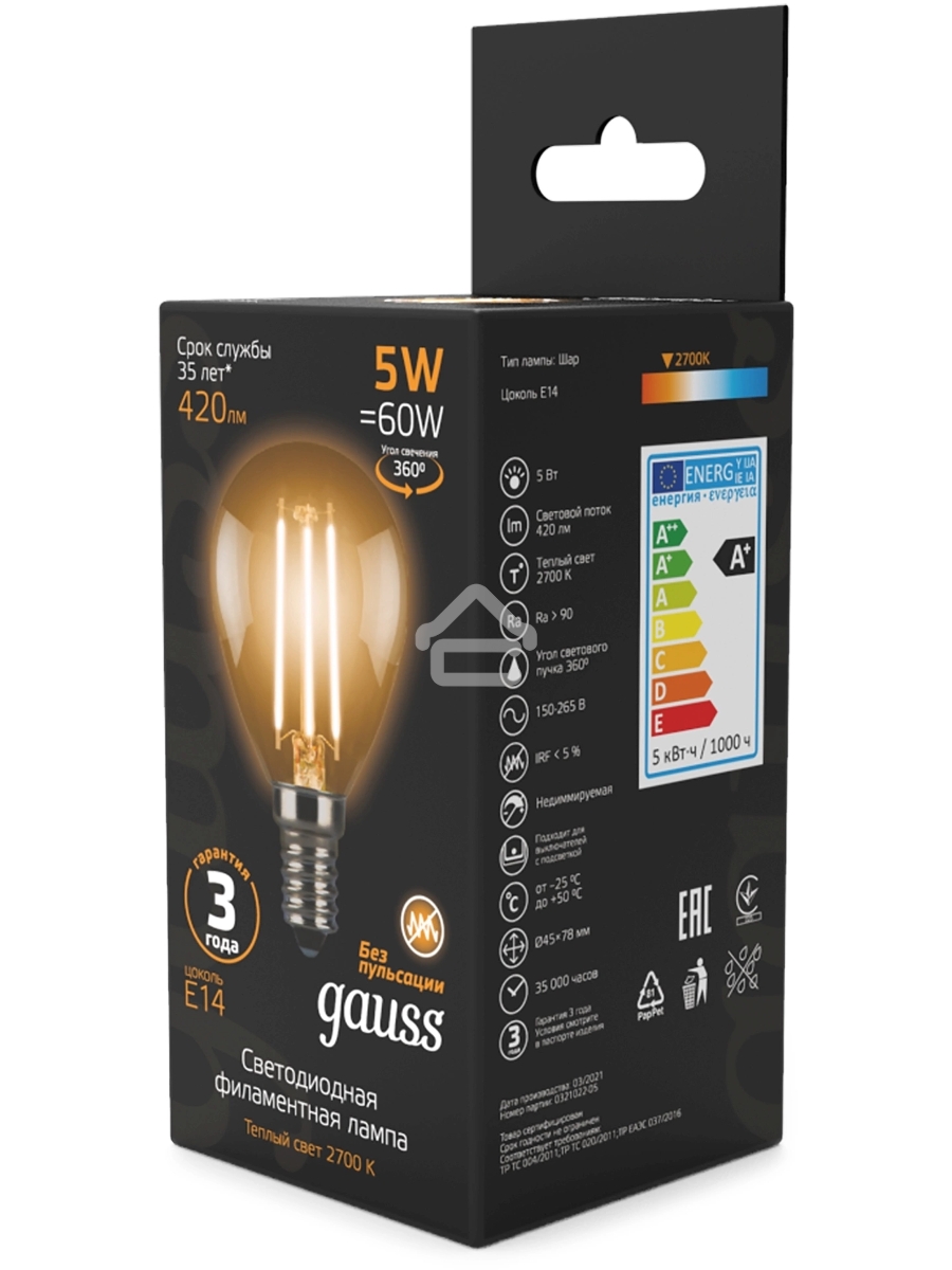 Лампа филам. Gauss Filament 5Вт цок.:E14 свеча 220B св.свеч.бел.теп. (упак.:10шт) (105801105)