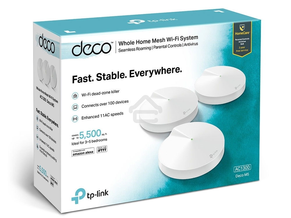 Маршрутизатор TP-Link TP-Link DECO M5(3-PACK) AC1300 Домашняя Wi-Fi система, чипсет Qualcomm, два диапазона (Dual-Band), поддержка стандартов 802.11ac/a/b/g/n, 717 МГц четырехъядерный процессор, Bluetooth 4.2, 2 гигабитных порта Ethernet, 1 порт USB Type-