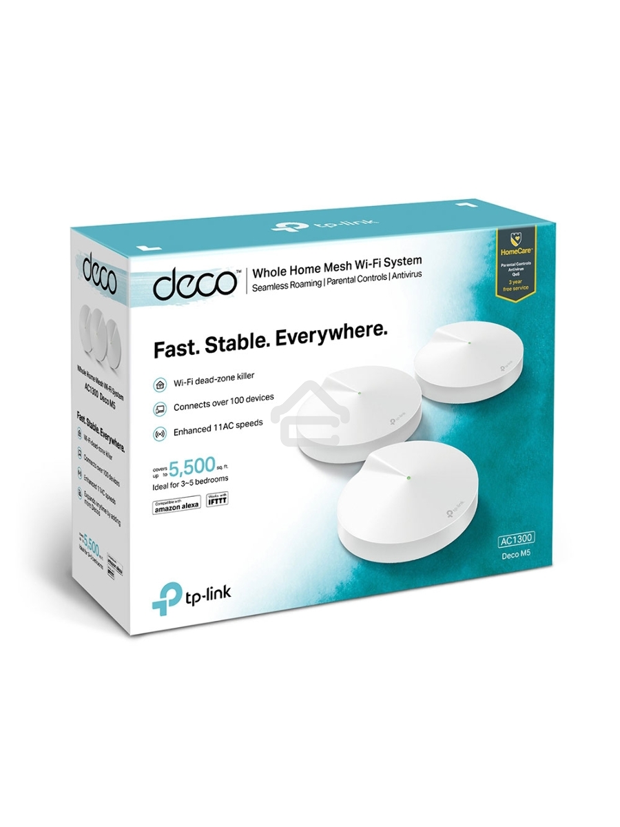 Маршрутизатор TP-Link TP-Link DECO M5(3-PACK) AC1300 Домашняя Wi-Fi система, чипсет Qualcomm, два диапазона (Dual-Band), поддержка стандартов 802.11ac/a/b/g/n, 717 МГц четырёхъядерный процессор, Bluetooth 4.2, 2 гигабитных порта Ethernet, 1 порт USB Type-