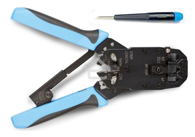 Монтажный инcтрумент Hyperline HT-2008AR Инструмент обжимной для RJ-45, RJ-12, RJ-11 (8P8C, 6P6C, 4P4C), профессиональный, с храповым механизмом 