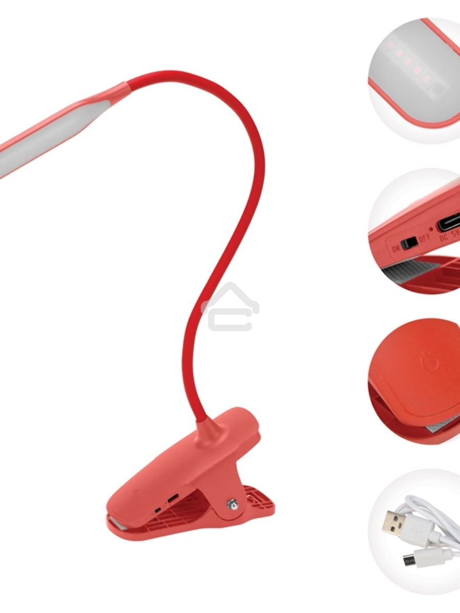 Светильник настольный Click 4Вт, LED, 4000К, диммируемый 3 ступени, заряжаемый, на прищепке, красный Rexant