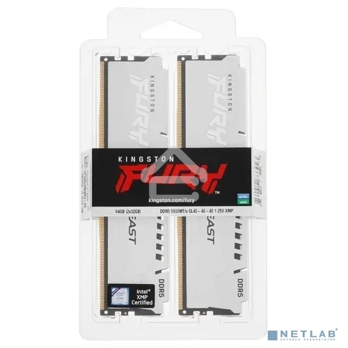 Оперативная память Kingston Fury Beast, DDR5, 64Gb (2x32Gb), 5600MHz, CL40, DIMM, с радиатором, белый