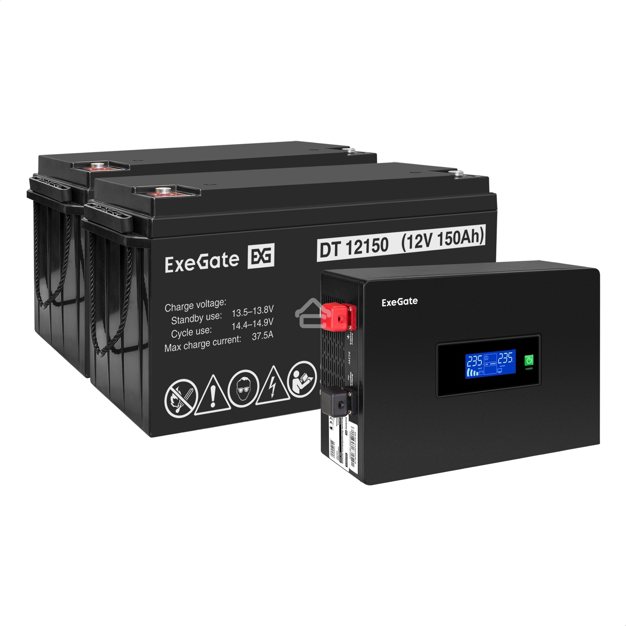 Комплект источника бесперебойного питания Exegate EX295994RUS + батарея 150Aч EX282990RUS 2шт (инвертор, синус, для котла, PF=1, настенный) ExeGate IdealSine SR-1500.LCD.2SH  1500VA/1500W, чистая синусоида, цветной LCD-дисплей, 2*Schuko, крепление настенн